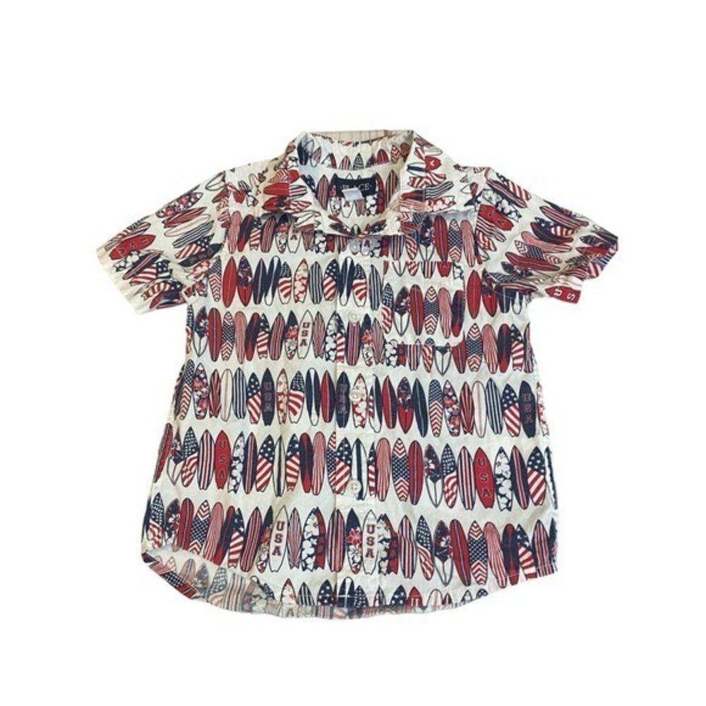 Childrens Place USA Surfboards Red White Blue‎ Button Down Short Sleeve Boy Sz 4